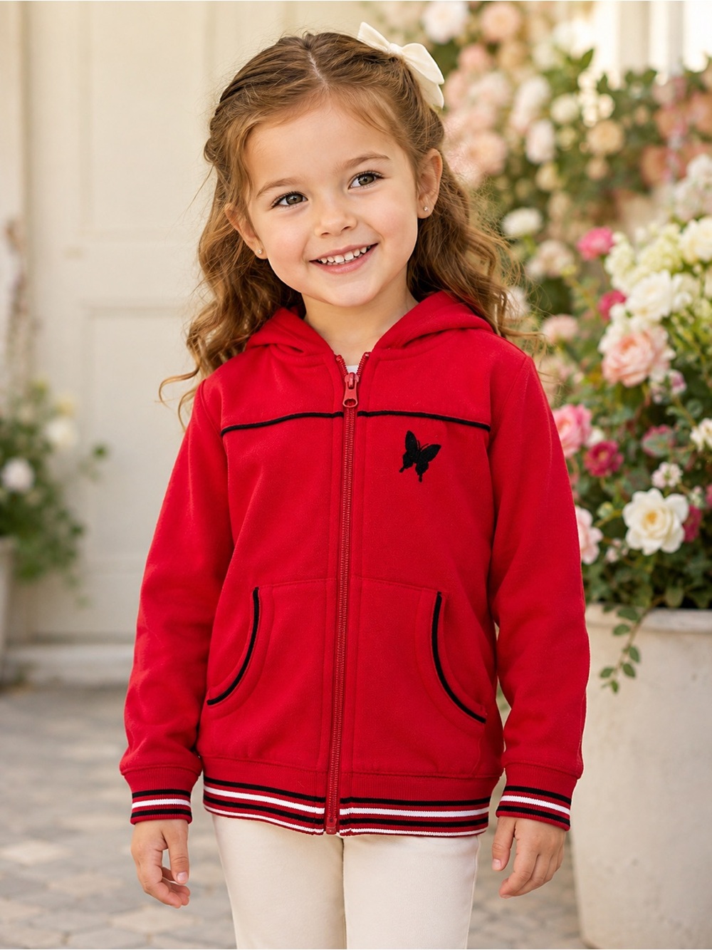 Extremely Me Girls Red Full Zip Hoodie Butterfly Embroidery Striped Trim Size 4